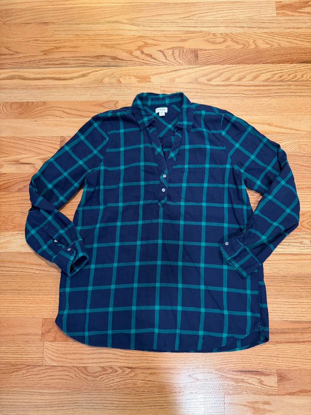 J.Crew Small Navy Green Plaid Cotton Popover Shirt Black Watch Preppy